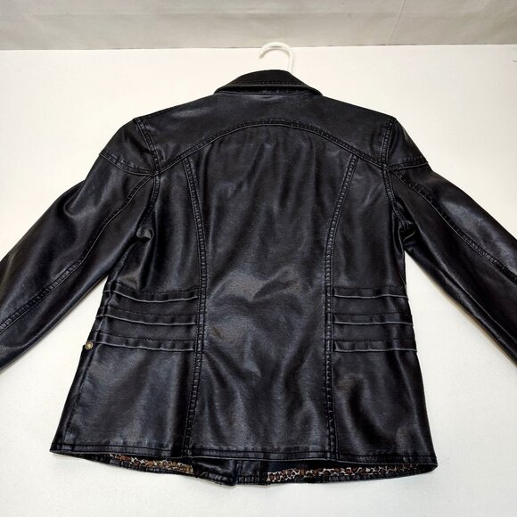 Paris Blue Faux Leather Jacket Small (3-5) Snap Buttons Leopard Trim Detail VGC - Picture 2 of 14